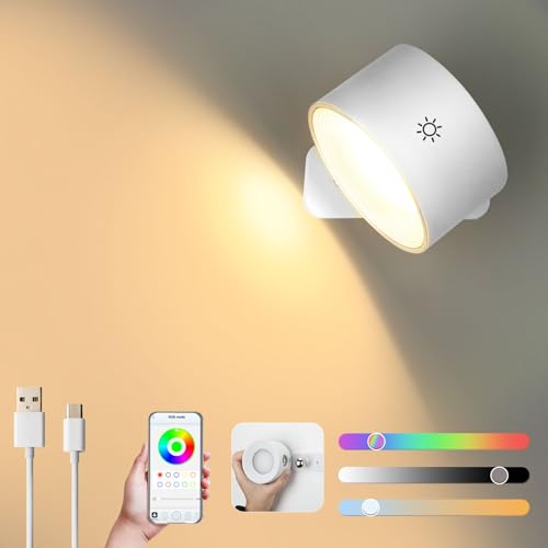 Lampop APP Wandleuchte Innen Akku LED Wandleuchte Kabellos Dimmbar Wandlampe Ohne Stromanschluss 360° Drehbar Wandlampe Touch Steuerung Einstellbare Helligkeit und Farbe RGB Version Weiß von Lampop