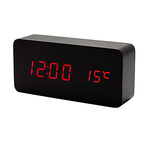 Lancoon HöLzerne Digitaluhr - Multifunktions-Led-Wecker Mit Uhrzeit/Datum/Temperaturanzeige Und Sprachsteuerung Für Home-Office-Reisen - AC11Black_Red von Lancoon