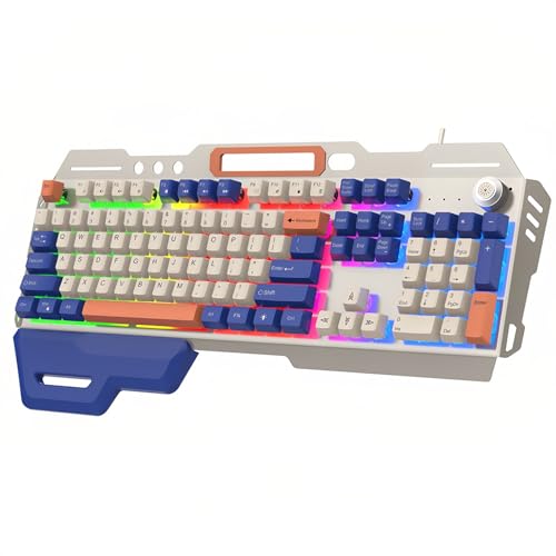 Lancoon Kabelgebundene Gaming Tastatur mit Mechanische Metall 104 Tasten Smartphone Halter Design Lautstärkeregler Hintergrundbeleuchtung Multimedia Funktion für Spiel Büro PC Computer (Weiß) von Lancoon