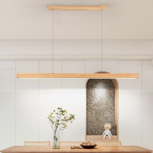 LED Pendelleuchte Holz Esstisch Esszimmer Lampe Dimmbare Moderne Linear Design Hängeleuchte mit Fernbedienung Höhenverstellbar Küchen Hängelampe für Büro Wohnzimmer (A, L80cm) von Lanekd