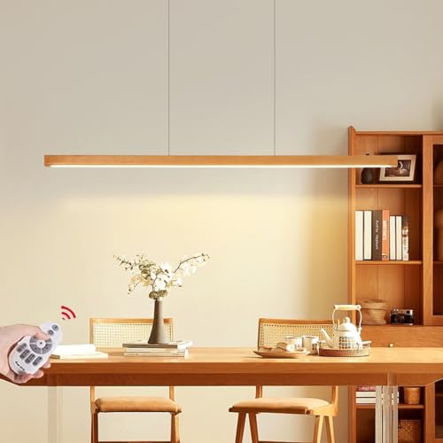 Moderne LED-Pendelleuchte Esstischlampe Holz-Pendelleuchte Dimmbare Lampe Designer Lineare Pendelleuchte Höhenverstellbarer Kronleuchter für Esszimmer Küche Büro Pendelleuchte (Holz, L150CM) von Lanekd
