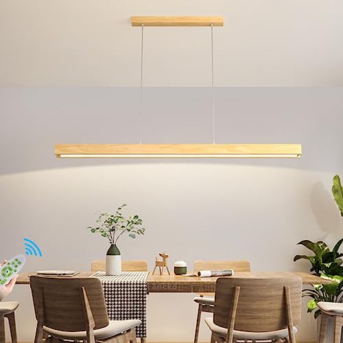 Pendelleuchte Esstischlampe LED L100CM Holz Hängeleuchte Dimmbare Mit Fernbedienung Büro Hängeleuchte Moderne Linear Design Kronleuchter für Esszimmer Küche Wohnzimmer Deckenlampe Holz von Lanekd