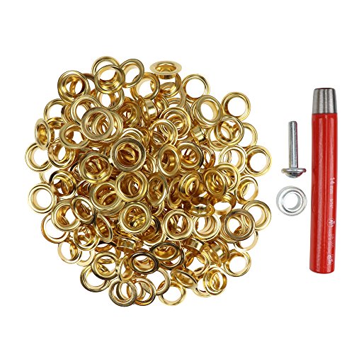100 Stück Metall Ösen rostfrei (Eyelet) mit Scheiben 14 mm Inhalt + Locheisen + Ösenwerkzeug (gold) von Langlauf Schuhbedarf