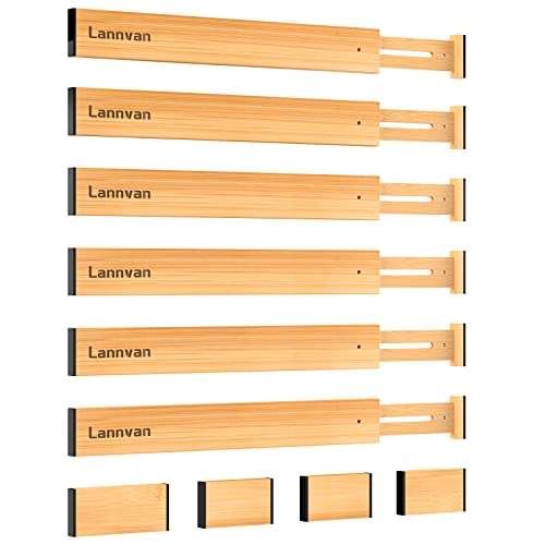 Lannvan Schubladentrenner Verstellbar, 6er-Set Schubladenteiler aus Natürlichem Bambus,Schubladen Organizer - Gefedert,Schubladen Trennsystem für Küche,Kommode,Kleidung,Badezimmer,42.8-56.3 cm,Natur von Lannvan