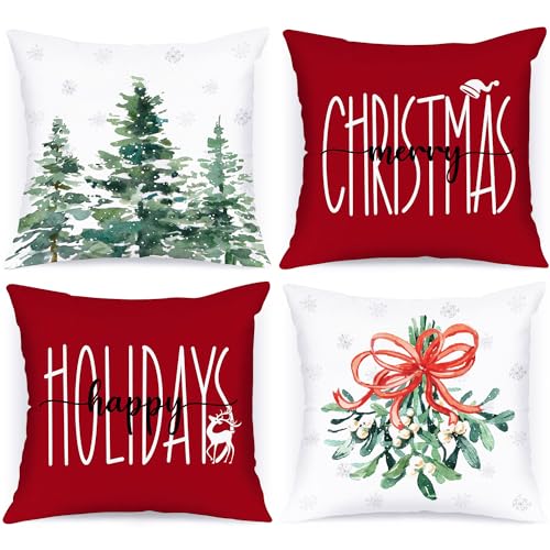 Lanpn 4 Stück Kissenbezug Weihnachten Kissenhülle 50x50 cm, Moderne Winterliche Wald Dekorative Weihnachtskissen 50 x 50 für Weihnachtsdeko Christmas Bettwäsche Sofa Decorations (Rot) von Lanpn