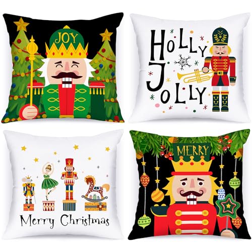 Lanpn 4 Stück Nussknacker Kissenbezug Weihnachten Kissenhülle 45x45 cm, Grün Nussknacker Dekorative Weihnachtskissen 45 x 45 für Weihnachtsdeko Christmas Bettwäsche Sofa Decorations von Lanpn