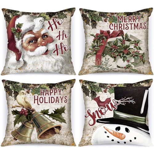 Lanpn 4 Stück Vintage Kissenbezug Weihnachten Kissenhülle 40x40 cm, Retro Rustikal Weihnachtsmann Schneemann Dekorative Weihnachtskissen 40 x 40 für Weihnachtsdeko Christmas Bettwäsche Sofa Decoration von Lanpn