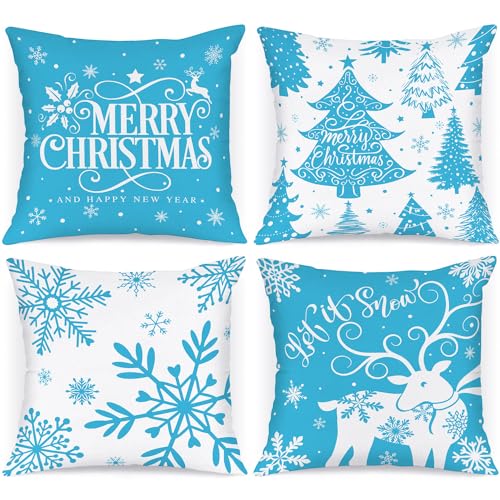 Lanpn 4 Stück Weiß und Blau Kissenbezug Weihnachten Kissenhülle 40x40 cm, Winterliche Schneeflocken Dekorative Weihnachtskissen für Weihnachtsdeko Christmas Bettwäsche Sofa Decorations (Hellblau) von Lanpn