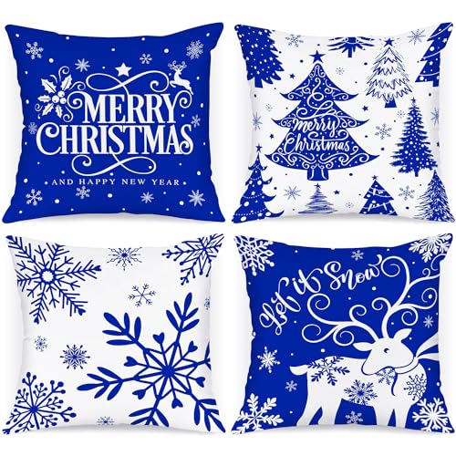 Lanpn 4 Stück Weiß und Blau Kissenbezug Weihnachten Kissenhülle 45x45 cm, Winterliche Schneeflocken Dekorative Weihnachtskissen für Weihnachtsdeko Christmas Bettwäsche Sofa Decorations (Dunkelblau) von Lanpn