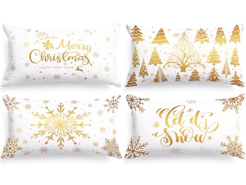 Lanpn 4 Stück Weiß und Gold Kissenbezug Weihnachten Kissenhülle 30x50 cm, Winterliche Schneeflocken Dekorative Weihnachtskissen für Weihnachtsdeko Christmas Bettwäsche Sofa Decorations (Gold) von Lanpn