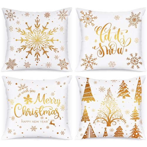 Lanpn 4 Stück Weiß und Gold Kissenbezug Weihnachten Kissenhülle 40x40 cm, Winterliche Schneeflocken Dekorative Weihnachtskissen für Weihnachtsdeko Christmas Bettwäsche Sofa Decorations (Gold) von Lanpn