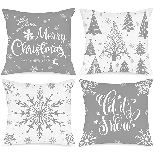 Lanpn 4 Stück Weiß und Grau Kissenbezug Weihnachten Kissenhülle 50x50 cm, Winterliche Schneeflocken Dekorative Weihnachtskissen für Weihnachtsdeko Christmas Bettwäsche Sofa Decorations (Grau) von Lanpn