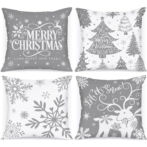 Lanpn 4 Stück Weiß und Grau Kissenbezug Weihnachten Kissenhülle 50x50 cm, Winterliche Schneeflocken Dekorative Weihnachtskissen für Weihnachtsdeko Christmas Bettwäsche Sofa Decorations (Grau) von Lanpn