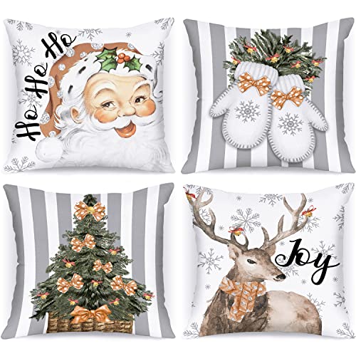 Lanpn 4 Stück Weiß und Grau Vintage Kissenbezug Weihnachten Kissenhülle 50x50 cm, Retro Rustikal Weihnachtsmann Dekorative Weihnachtskissen für Weihnachtsdeko Christmas Bettwäsche Sofa Decorations von Lanpn