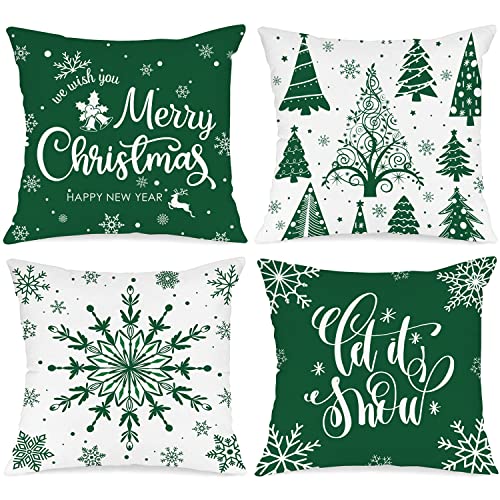 Lanpn 4 Stück Weiß und Grün Kissenbezug Weihnachten Kissenhülle 40x40 cm, Winterliche Schneeflocken Dekorative Weihnachtskissen für Weihnachtsdeko Christmas Bettwäsche Sofa Decorations (Grün) von Lanpn