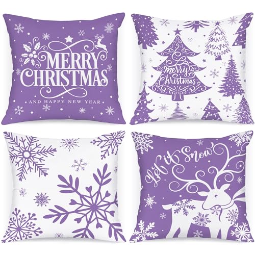 Lanpn 4 Stück Weiß und Lila Kissenbezug Weihnachten Kissenhülle 40x40 cm, Winterliche Schneeflocken Dekorative Weihnachtskissen für Weihnachtsdeko Christmas Bettwäsche Sofa Decorations (Violett) von Lanpn