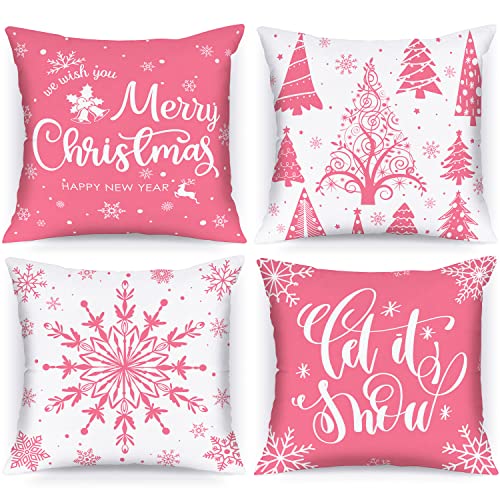 Lanpn 4 Stück Weiß und Rosa Kissenbezug Weihnachten Kissenhülle 50x50 cm, Winterliche Schneeflocken Dekorative Weihnachtskissen für Weihnachtsdeko Christmas Bettwäsche Sofa Decorations (Rosa) von Lanpn