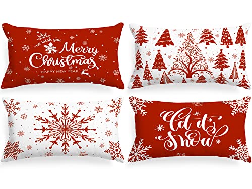 Lanpn 4 Stück Weiß und Rot Kissenbezug Weihnachten Kissenhülle 30x50 cm, Winterliche Schneeflocken Dekorative Weihnachtskissen für Weihnachtsdeko Christmas Bettwäsche Sofa Decorations (Rot) von Lanpn