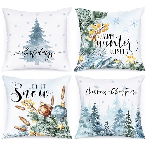 Lanpn 4 Stück Winter Kissenbezug Weihnachten Kissenhülle 45x45 cm, Winterliche Schnee Dekorative Weihnachtskissen 45 x 45 für Weihnachtsdeko Christmas Bettwäsche Sofa Decorations von Lanpn