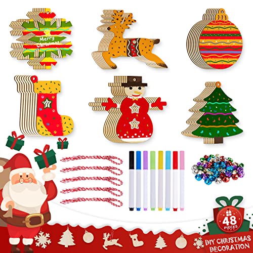 Lanpn Basteln Weihnachten Kinder, Weihnachtsbasteln Set Weihnachtsdeko Deko Weihnachten Weihnachts Holzanhänger Baumanhänger Holz zum Bemalen Erwachsene (48pcs) von Lanpn