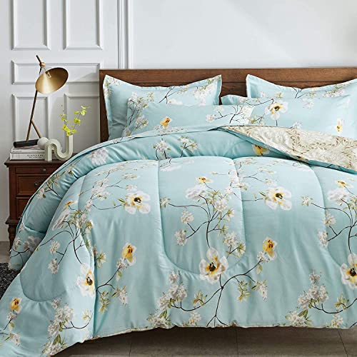 Lanqinglv Wende Bettdecke 200x220 Ganzjahresdecke 4 Jahreszeiten,Weiß Blau Blumenmuster Steppdecke für Allergiker Zudecke Schlafdecke Duvet 200x220cm mit 2 Kissenbezug 80x80cm von Lanqinglv