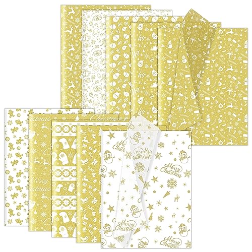 Larcenciel Weihnachten Seidenpapier, 100 Blatt Glitzer Gold Schneeflocken Seidenpapier Verpackungsmaterial für Geschenktüten und Füllmaterial, Multi-Stil Geschenkpapier für Urlaub, Neujahr, 50x35CM von Larcenciel