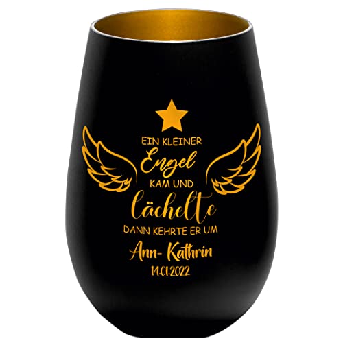 Sternenkind Trauerlicht - EIN Kleiner Engel kam und lächelte - schwarz/Gold - Gedenklicht Teelichtglas personalisierbar Erinnerung Trauergeschenk mit Name und Datum von Albcraft MADE WITH LOVE