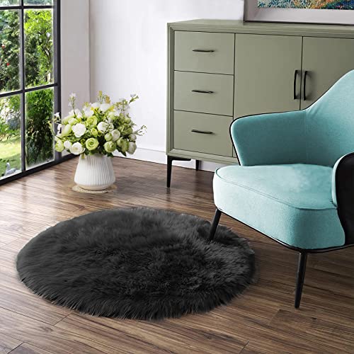 Latepis Teppich Rund Schwarz 120 cm Flauschig für Schlafzimmer Esszimmer Wohnzimmer Bettvorleger Kunstfell Teppich Hochflor Waschbar Shaggy Rug von Latepis