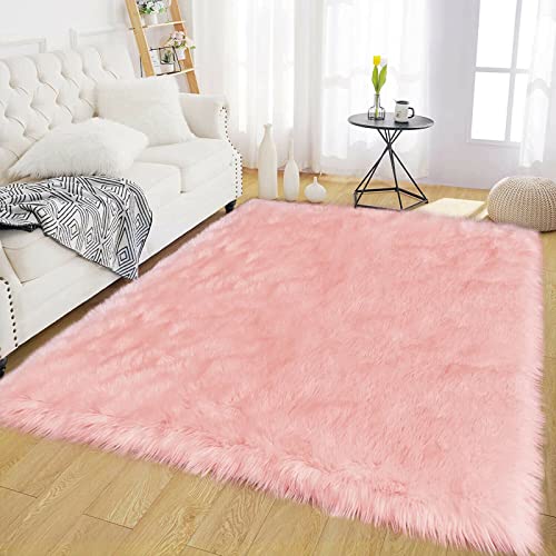 Latepis Teppich Wohnzimmer 150x200 cm Rosa Teppich Schaffell Kunstfell Teppich Schlafzimmer Shaggy Teppich Gegend Hochflor Weich von Latepis