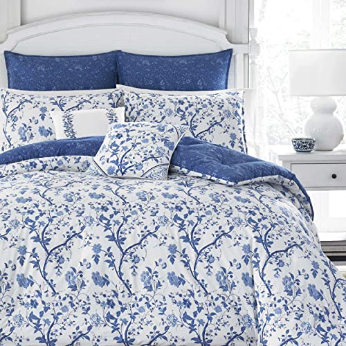 Laura Ashley Queen-Bettwäsche-Set, wendbare Baumwoll-Bettwäsche, inklusive passenden Kissenbezügen mit Euro-Kissenbezügen und Wurfpillen (Elise Blue, Queen) von Laura Ashley