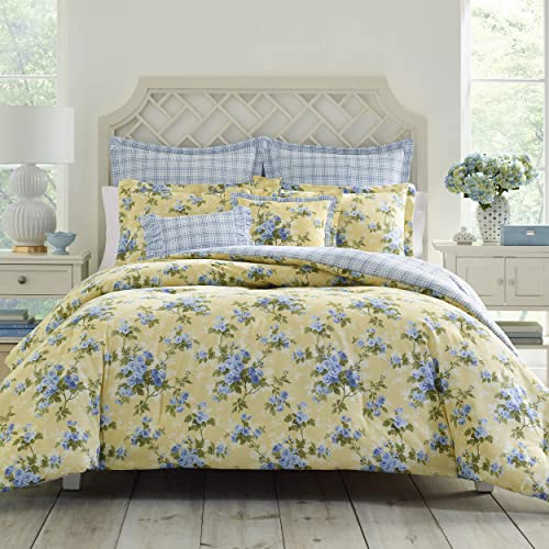 Laura Ashley - Queensize-Bettbezug-Set, wendbare Baumwoll-Bettwäsche mit passenden Kissenbezügen, inklusive Euro-Kissenbezügen und Kissenbezügen (Cassidy Yellow, Queensize) von Laura Ashley