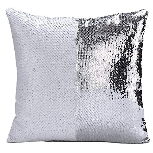 Lazeny 2x Zweifarbig Pailletten Kissenbezug Kissenhuelle Meerjungfrau Glänzenden Sofakissenbezug Kissen Cover Kopfkissenbezug Zierkissenbezüge Sofakissen Cafe Auto Büro Home Decor 40x40cm- Silber+Weiß von Lazeny