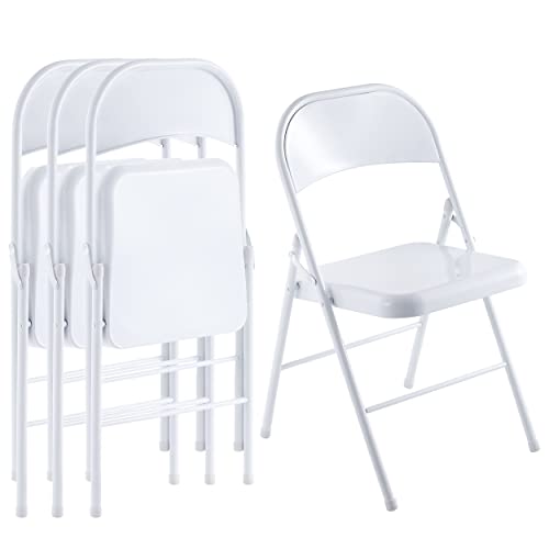 LeChamp 4 Klappstühle für den Innenbereich, Metallrahmen, Faltbarer Stuhl für bis zu 110 kg, zusammenklappbar, Esszimmerstühle, Schreibtischstuhl, Bürostuhl, bequemer und langlebiger Stuhl, Weiß von LeChamp