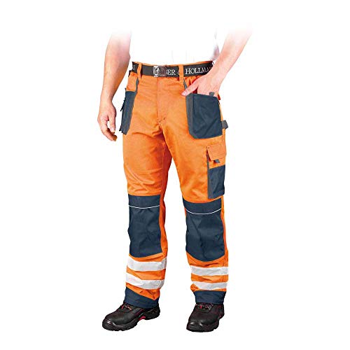 Leber&Hollman Herren Arbeitshose LH-FMNX-B, 100% Polyester 270 g/m2, Taschen für Knieschoner, reflektierende Streifen an den Hosenbeinen LH-FMNX-T_PGS58 Orange-dunkelblau-grau 58 von LEBER & HOLLMAN