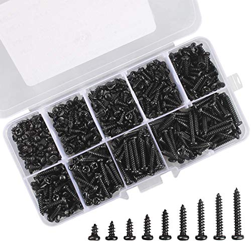 450Pcs Selbstschneidende Schrauben Set,M3 Blechschrauben Flachkopf,Schwarz Kohlenstoffstahl Senkkopf Flachkopf Schraube mit Aufbewahrungsbox für Kunststoff Holz Weichmetall von Ledoo