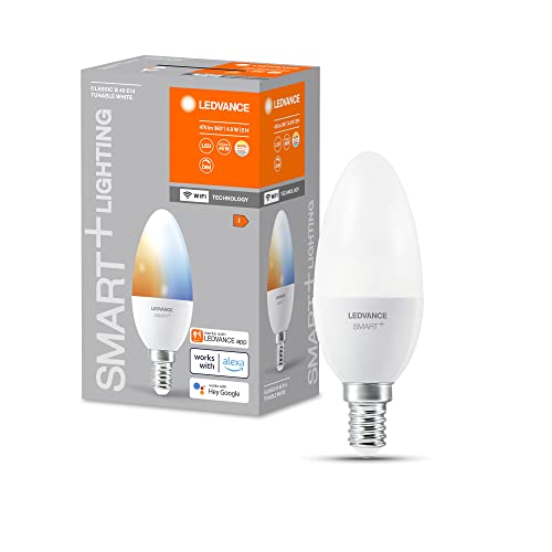 LEDVANCE Smarte LED-Lampe mit WiFi Technologie, Sockel E14, Dimmbar, Lichtfarbe änderbar (2700-6500K), ersetzt Glühlampen mit 40 W, SMART+ WiFi Candle Tunable White, 1er-Pack von Ledvance