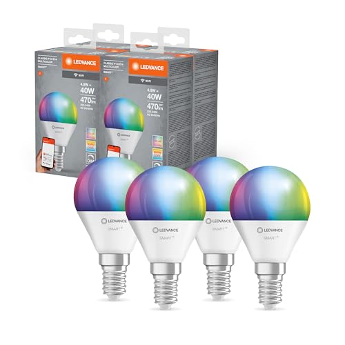 LEDVANCE Smarte LED-Lampe mit WiFi Technologie,Sockel E14,Dimmbar,Lichtfarbe änderbar(2700-6500K),RGB Farben änderbar,ersetzt Glühlampen mit 40 W,SMART+ WiFi Mini Bulb Multicolour,4er-Pack,Multipack von Ledvance