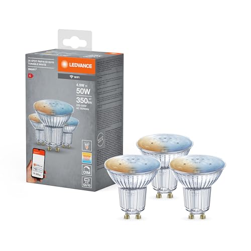 LEDVANCE Smarte LED-Reflektorlampe mit WiFi Technologie, Sockel GU10, Lichtfarbe änderbar (2700-6500K), Dimmbar, ersetzt Reflektorlampen mit 40 W, SMART+ WiFi SPOT GU10 Tunable White, 3er-Pack von Ledvance