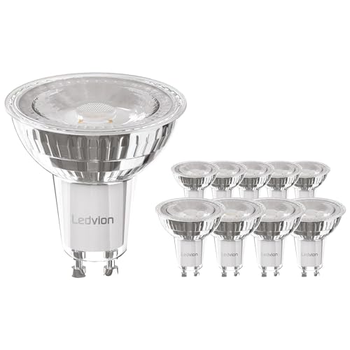 Ledvion 10x Dimmbare GU10 LED Spots, 5W, 6500K, 345 Lumen, Full Glass, LED Lampen Vorteilspackung, Leuchtmittel Strahler, 10er Pack von Ledvion