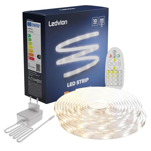 Ledvion Dimmbarer LED-Streifen 10M, 3000K-6500K, 24V, 24W, Plug & Play, Inkl. Fernbedienung, Einstellbare Farbtemperatur, 60 LEDs/m, 20cm, 2 Jahre Garantie, Ohne 2 AAA-Batterien von Ledvion