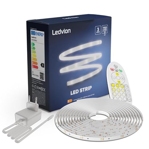 Ledvion Dimmbarer LED-Streifen 3M, 3000K-6500K, 24V, 9W, Plug & Play, Inkl. Fernbedienung, Einstellbare Farbtemperatur, 60 LEDs/m, 20cm, 2 Jahre Garantie, Ohne 2 AAA-Batterien von Ledvion