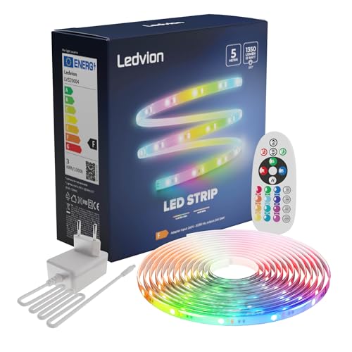 Ledvion Dimmbarer LED-Streifen 5M, RBG, 24V, 13W, Plug & Play, Inkl. Fernbedienung, 60 LEDs/m, Kürzbar auf 20cm, Einfache Installation, 2 Jahre Garantie, Ohne 2 AAA-Batterien von Ledvion