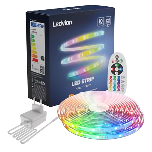 Ledvion Dimmbarer LED-Streifen 10M, RBG, 24V, 24W, Plug & Play, Inkl. Fernbedienung, 60 LEDs/m, Kürzbar auf 20cm, Einfache Installation, 2 Jahre Garantie, Ohne 2 AAA-Batterien von Ledvion