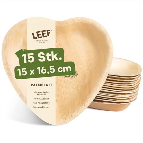 Leef® Herz Deko Schale (16.5 x 15 x 3 cm) - 15-teiliges Palmblatt Teller Set - Kompostierbare Einweggeschirr Candybar Schalen - Nachhaltig & Stilvoll von Leef