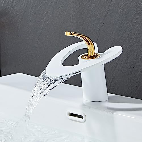 Leekayer Badarmatur Weiß Gold Griff Wasserhahn für Badezimmer 1 Loch Deckmontage Heißer kalter Mischer Hahn Toilette Waschbecken Wasserhahn Messing,LK-6639-WGg von Leekayer