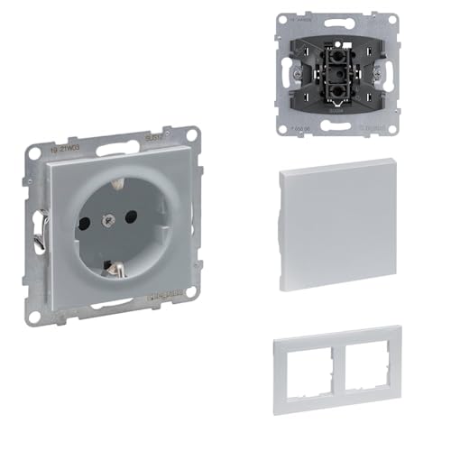 LEGRAND, SEANO Set, Schutzkontakt-Steckdose mit erhöhtem Berührungsschutz, SL, 16A, 250V & Wechselschalter-Einsatz 10AX & Wippe & 2-fach Rahmen, 87x158mm, Aluminium, 765220 & 765006 & 765206 & 765272 LEGRAND, SEANO Set, Schutzkontakt-Steckdose mit erhöhtem Berührungsschutz, SL, 16A, 250V & Wechselschalter-Einsatz 10AX & Wippe & 2-fach Rahmen, 87x158mm, Aluminium, 765220 & 765006 & 765206 & 765272 von Legrand