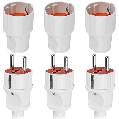 3 Paar Schuko Stecker Kupplung, Schukostecker und Schukokupplung, Schutzkontaktstecker PVC Schuko Stecker + Kupplung Weiß Set 2-polig, 250V kann für 0.5-2.5cm² Kabel, IP20, 250V, 16A Außenbereich von Leikurvo