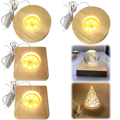 Holz LED Lichtsockel, 4 Stück Led Ständer, Display-Basis DIY Led Holzsockel Platte für Glasblock Beleuchtete Led-sockel aus Holz mit USB, Led Sockel für Display Kristall Glas Acryl Schmuck Harz von Leikurvo