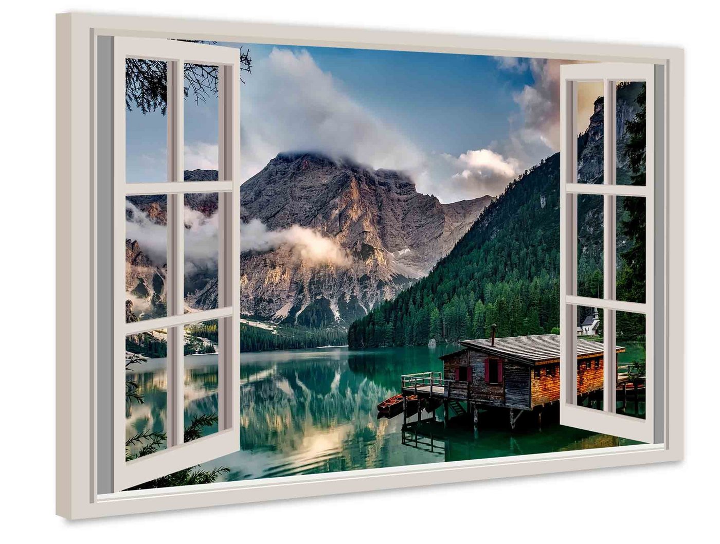 Leinwando Leinwandbild Gemälde / Fenster view - Gebirge mit See, Naturblick - Moderne Kunst / Leinwandbild zum aufhängen von Leinwando