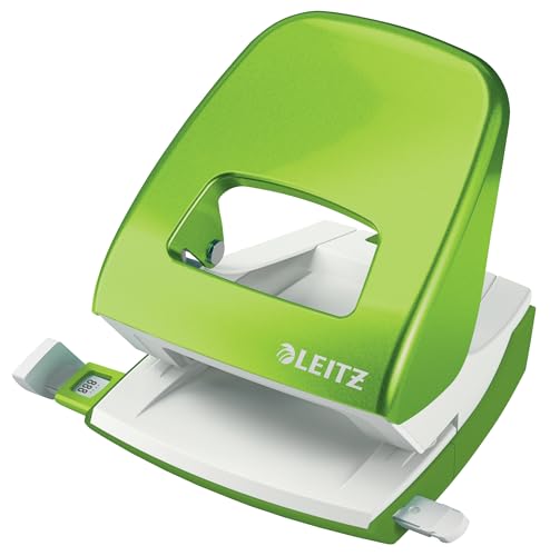 Leitz Büro Locher aus Metall, Für 30 Blatt, Anschlagschiene mit Formatvorgaben, Ergonomisches Design, Blister-Verpackung, grün, WOW-Serie, 50082054 von Leitz